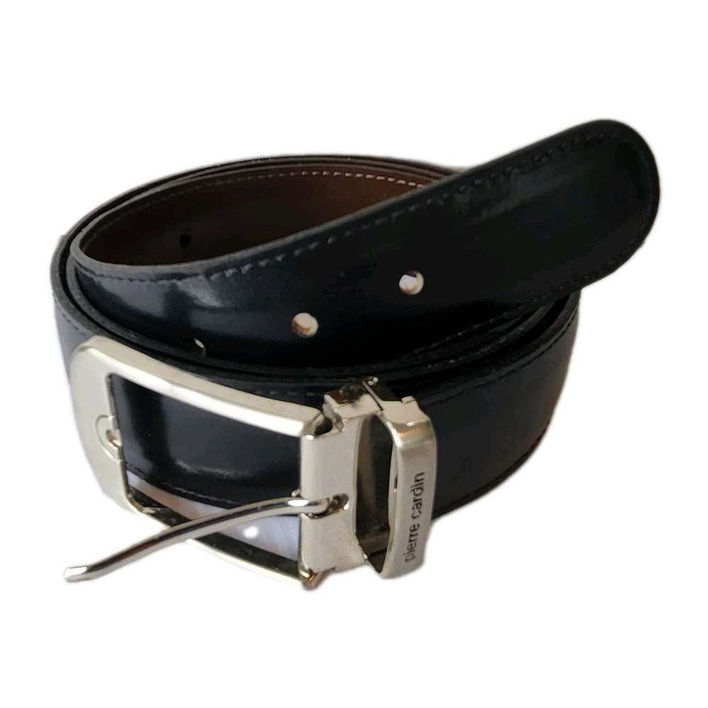 Pierre Cardin Belt Mens 40 Smooth Black Leather Dress Silver Buckle Classic City